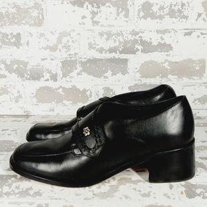 Brighton Flaire Black Leather Slip On Block Heel Academia Loafers V369